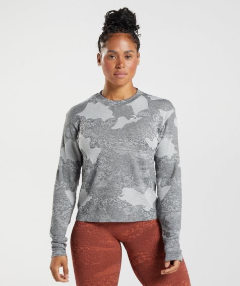 Women's Gymshark Adapt Camo Seamless Long Sleeve Top T-Shirts Grey | NZ 3PLVRI